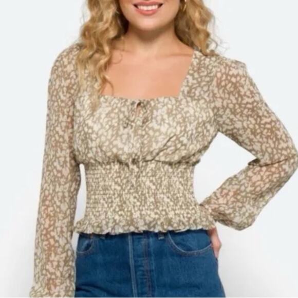 Nine Britton Cream Tan Pattern Smocked Sheer Blouse | Size L | Long Sleeve - Picture 1 of 8